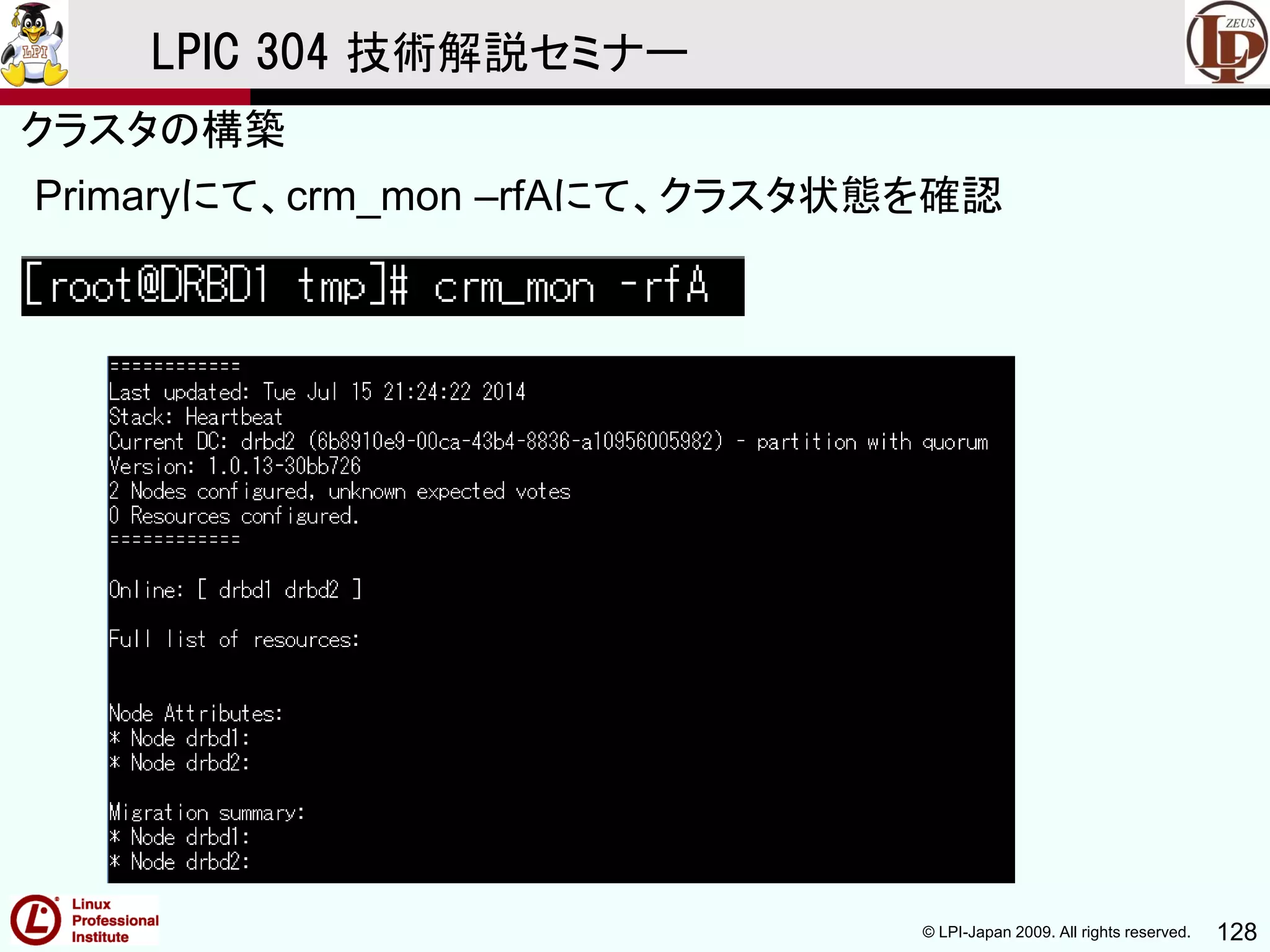 © LPI-Japan 2009. All rights reserved. 128
LPIC 304 技術解説セミナー
Primaryにて、crm_mon –rfAにて、クラスタ状態を確認
クラスタの構築
 