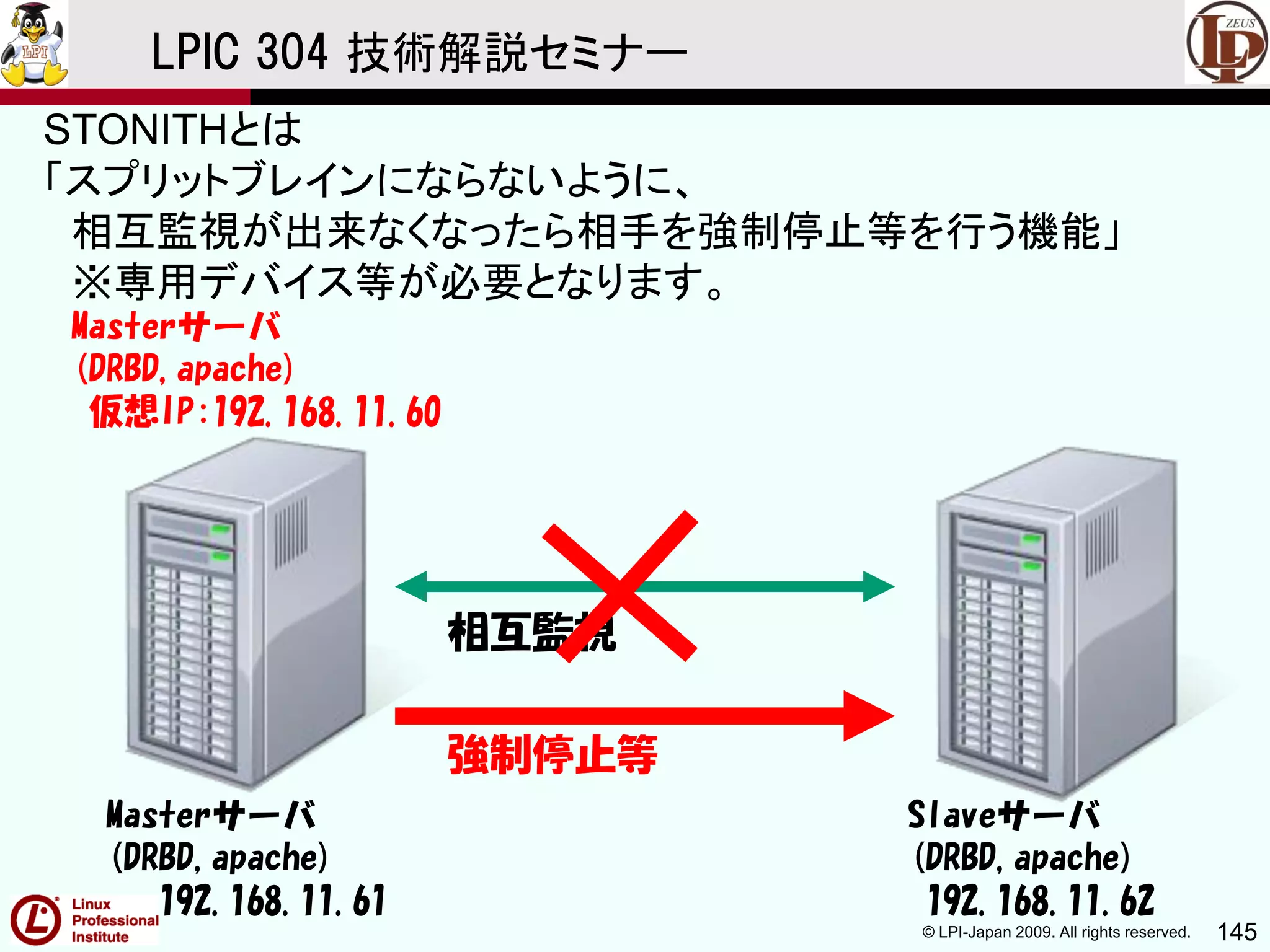 © LPI-Japan 2009. All rights reserved. 145
LPIC 304 技術解説セミナー
STONITHとは
「スプリットブレインにならないように、
相互監視が出来なくなったら相手を強制停止等を行う機能」
※専用デバイス等が必要となります。
Masterサーバ
(DRBD,apache)
192.168.11.61
Slaveサーバ
(DRBD,apache)
192.168.11.62
相互監視
Masterサーバ
(DRBD,apache)
仮想IP:192.168.11.60
強制停止等
 
