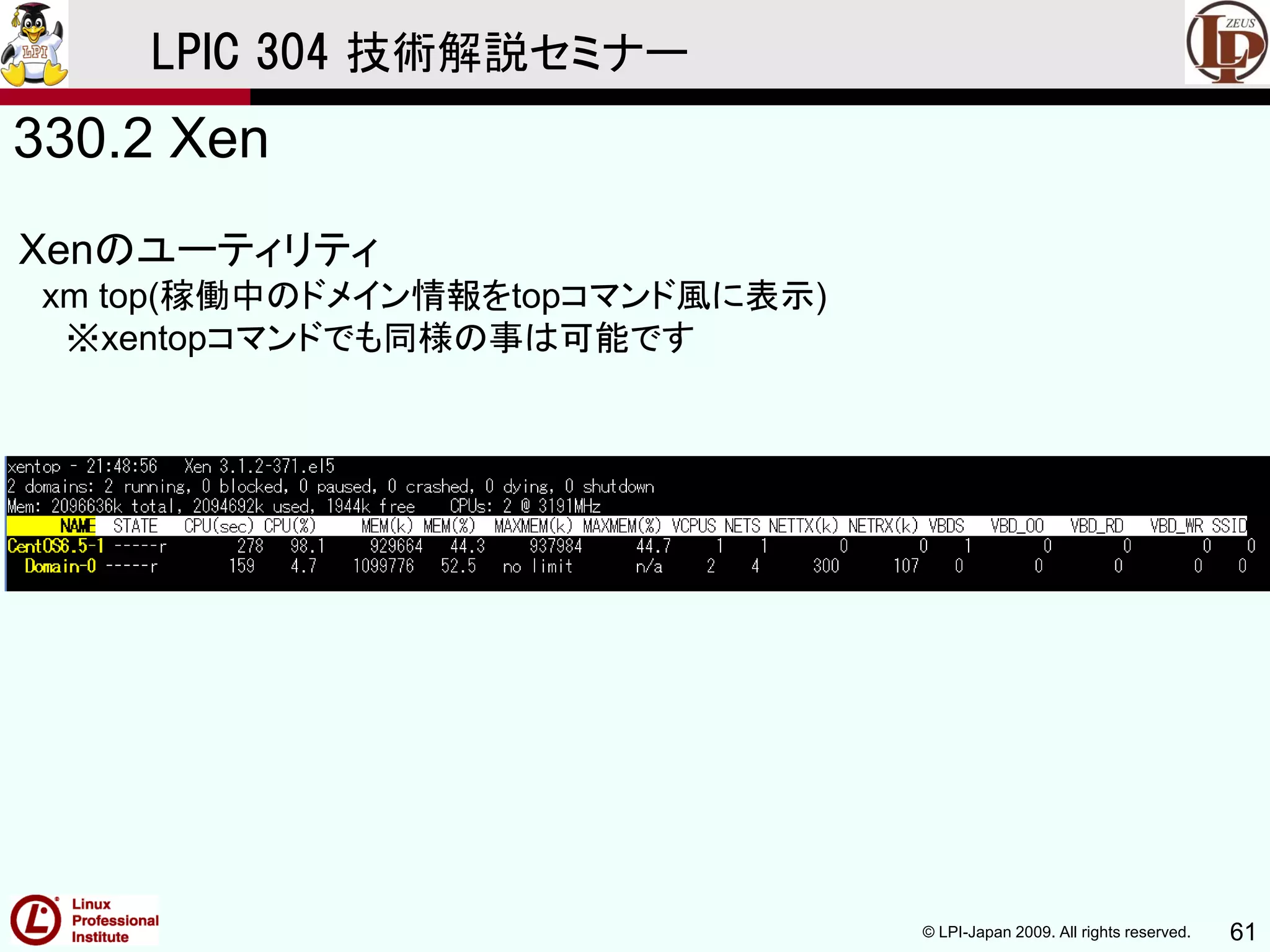© LPI-Japan 2009. All rights reserved. 61
LPIC 304 技術解説セミナー
330.2 Xen
Xenのユーティリティ
xm top(稼働中のドメイン情報をtopコマンド風に表示)
※xentopコマンドでも同様の事は可能です
 