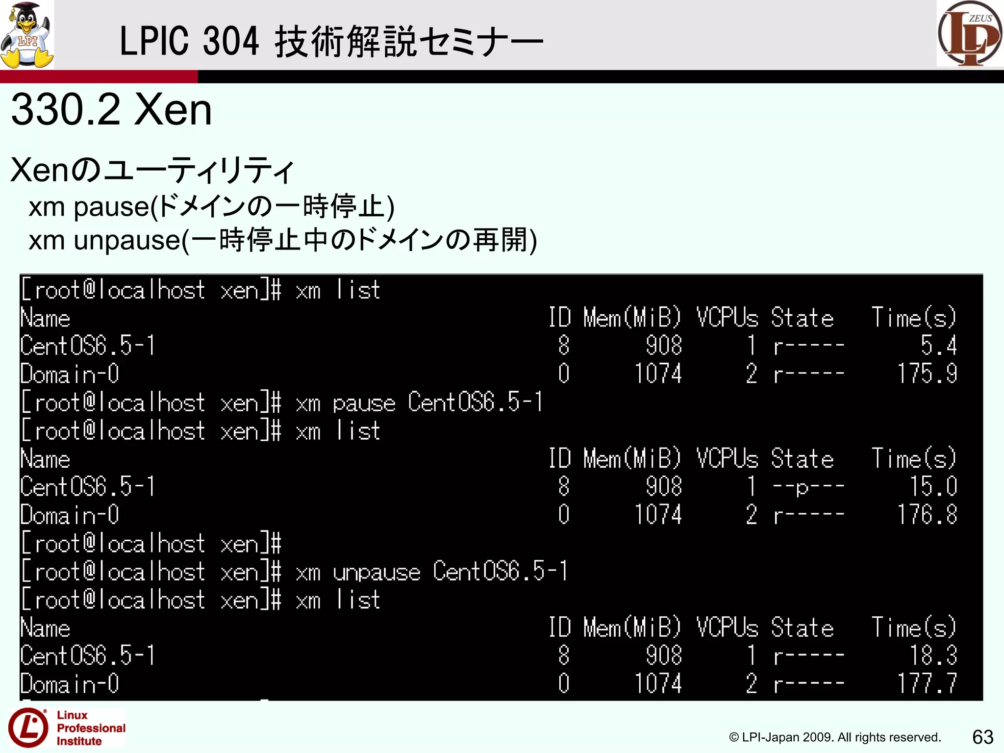 © LPI-Japan 2009. All rights reserved. 63
LPIC 304 技術解説セミナー
330.2 Xen
Xenのユーティリティ
xm pause(ドメインの一時停止)
xm unpause(一時停止中のドメインの再開)
 