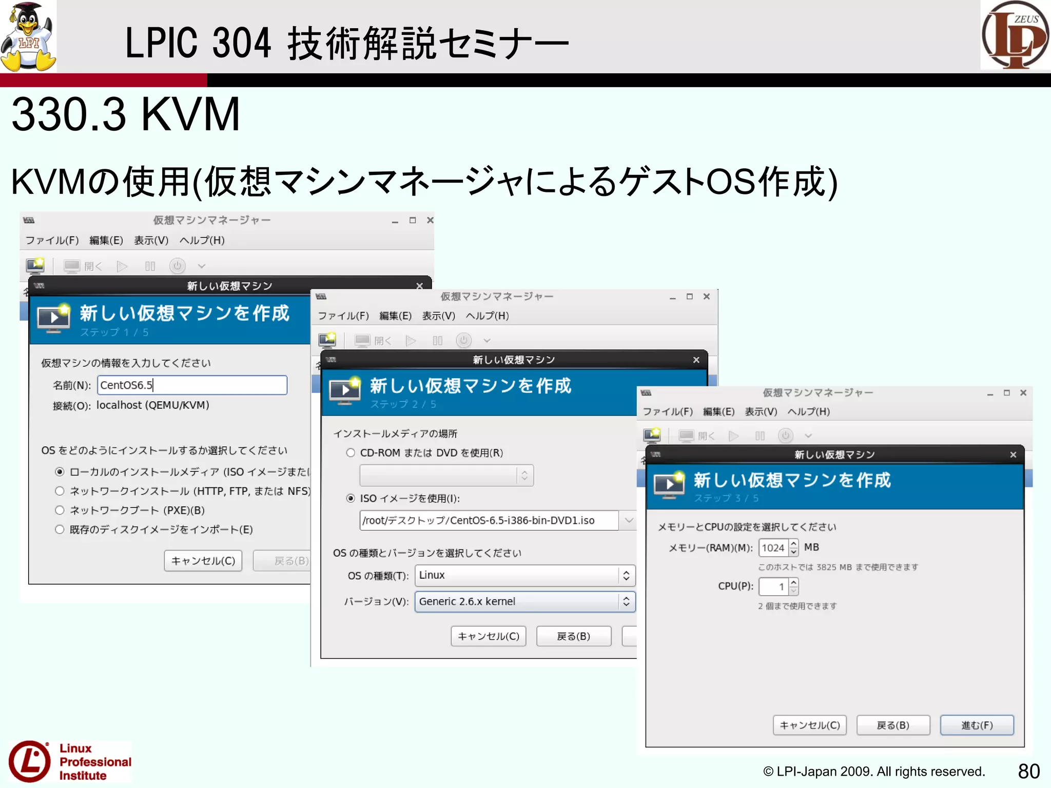 © LPI-Japan 2009. All rights reserved. 80
LPIC 304 技術解説セミナー
330.3 KVM
KVMの使用(仮想マシンマネージャによるゲストOS作成)
 
