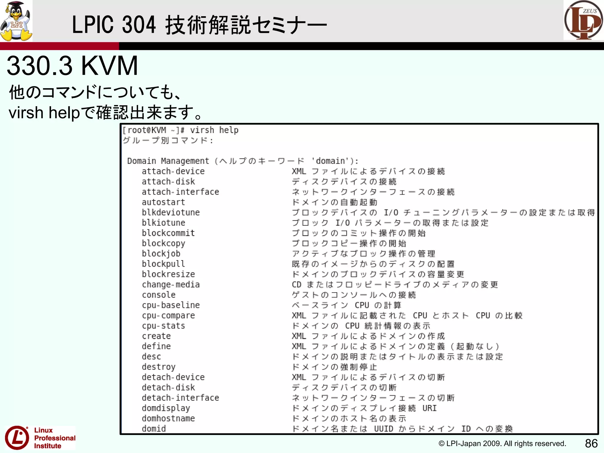 © LPI-Japan 2009. All rights reserved. 86
LPIC 304 技術解説セミナー
330.3 KVM
他のコマンドについても、
virsh helpで確認出来ます。
 