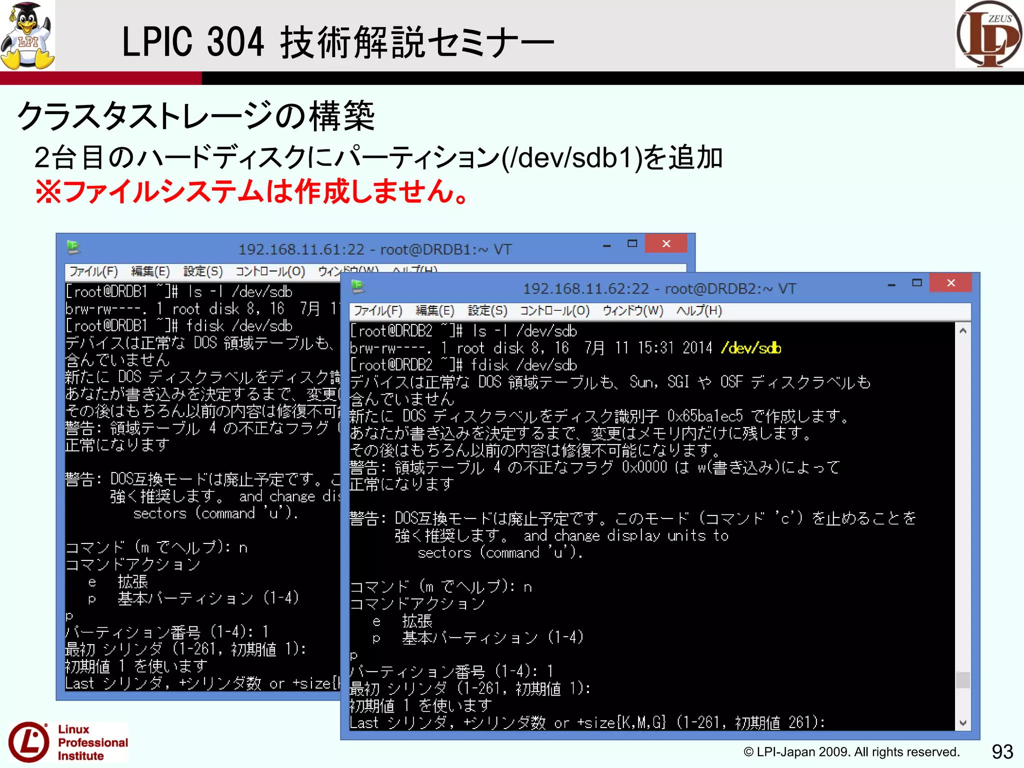© LPI-Japan 2009. All rights reserved. 93
LPIC 304 技術解説セミナー
主題333：クラスタストレージより
2台目のハードディスクにパーティション(/dev/sdb1)を追加
※ファイルシステムは作成しません。
クラスタストレージの構築
 