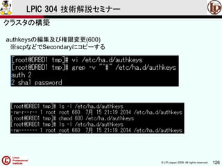 © LPI-Japan 2009. All rights reserved. 126
LPIC 304 技術解説セミナー
authkeysの編集及び権限変更(600)
※scpなどでSecondaryにコピーする
クラスタの構築
 