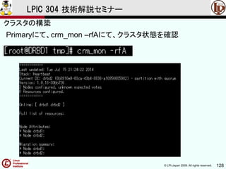 © LPI-Japan 2009. All rights reserved. 128
LPIC 304 技術解説セミナー
Primaryにて、crm_mon –rfAにて、クラスタ状態を確認
クラスタの構築
 