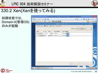© LPI-Japan 2009. All rights reserved. 42
LPIC 304 技術解説セミナー
330.2 Xen(Xenを使ってみる)
初期状態では、
Domain-0(管理OS)
のみが起動
 