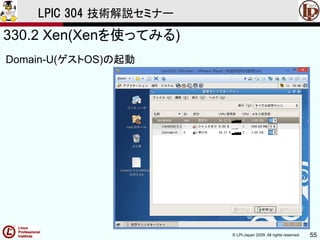 © LPI-Japan 2009. All rights reserved. 55
LPIC 304 技術解説セミナー
330.2 Xen(Xenを使ってみる)
Domain-U(ゲストOS)の起動
 