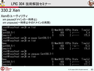 © LPI-Japan 2009. All rights reserved. 63
LPIC 304 技術解説セミナー
330.2 Xen
Xenのユーティリティ
xm pause(ドメインの一時停止)
xm unpause(一時停止中のドメインの再開)
 