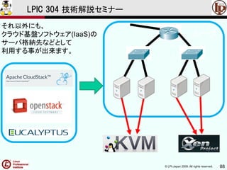 © LPI-Japan 2009. All rights reserved. 88
LPIC 304 技術解説セミナー
それ以外にも、
クラウド基盤ソフトウェア(IaaS)の
サーバ格納先などとして
利用する事が出来ます。
ルータ
 