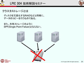 © LPI-Japan 2009. All rights reserved. 91
LPIC 304 技術解説セミナー
クラスタストレージとは
ディスクを冗長化するRAIDなどと同様に、
データのコピーを行うものである。
また、共有ストレージのように
SPF(Single Point Failuer)とならない。
 