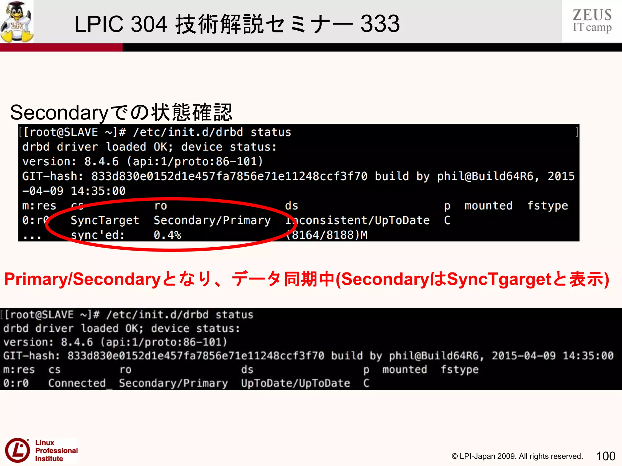 © LPI-Japan 2009. All rights reserved. 100
LPIC 304 技術解説セミナー 333
Secondaryでの状態確認
Primary/Secondaryとなり、データ同期中(SecondaryはSyncTgargetと表示)
 