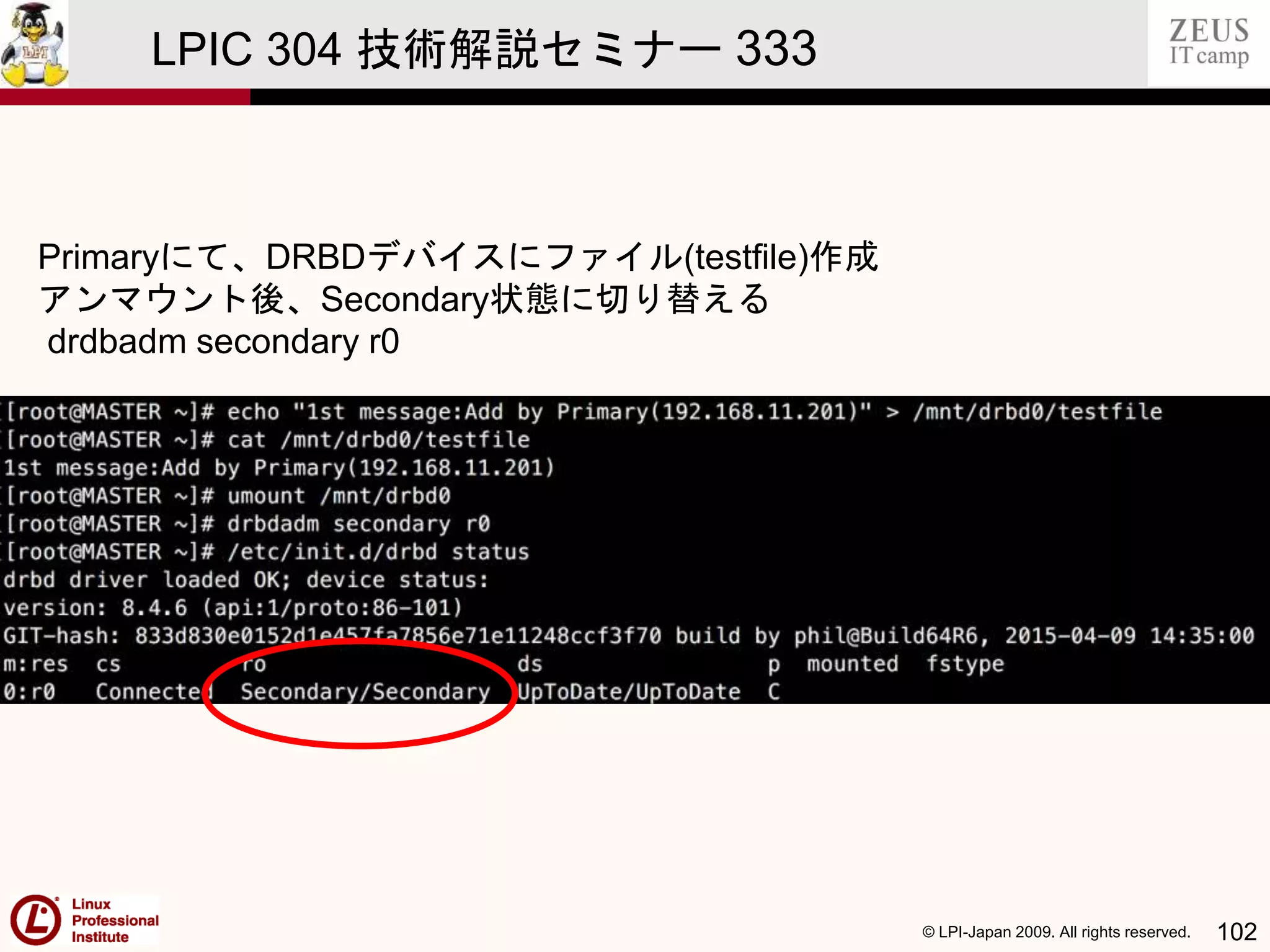 © LPI-Japan 2009. All rights reserved. 102
LPIC 304 技術解説セミナー 333
Primaryにて、DRBDデバイスにファイル(testfile)作成
アンマウント後、Secondary状態に切り替える
drdbadm secondary r0
 