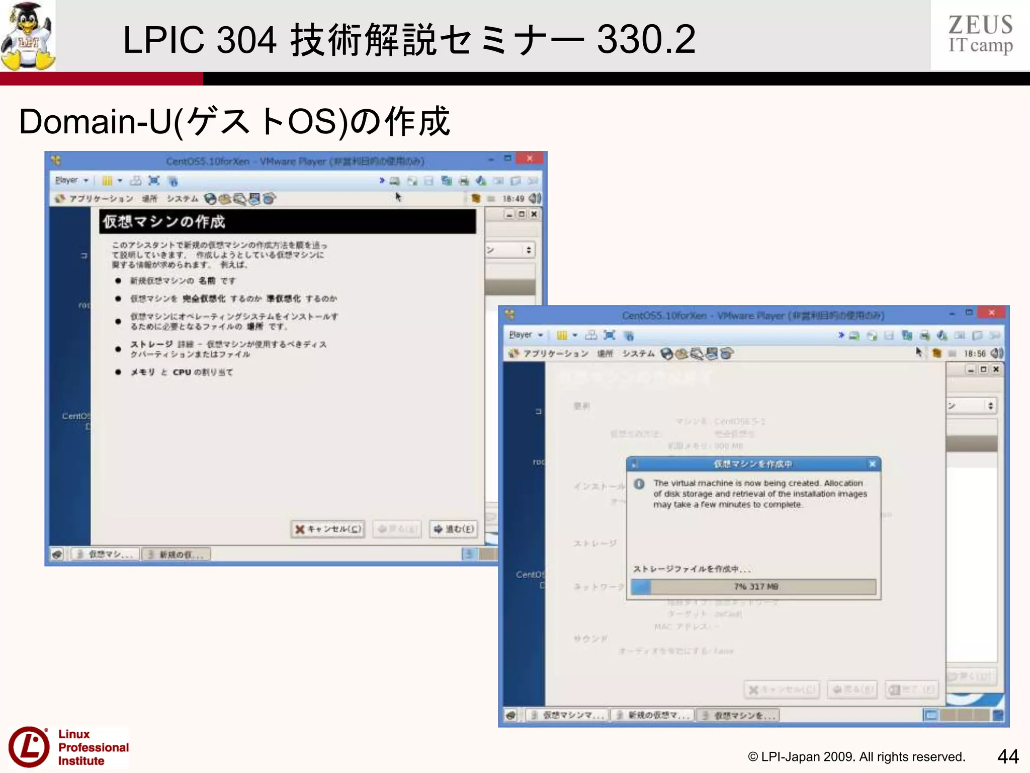 © LPI-Japan 2009. All rights reserved. 44
LPIC 304 技術解説セミナー 330.2
Domain-U(ゲストOS)の作成
 