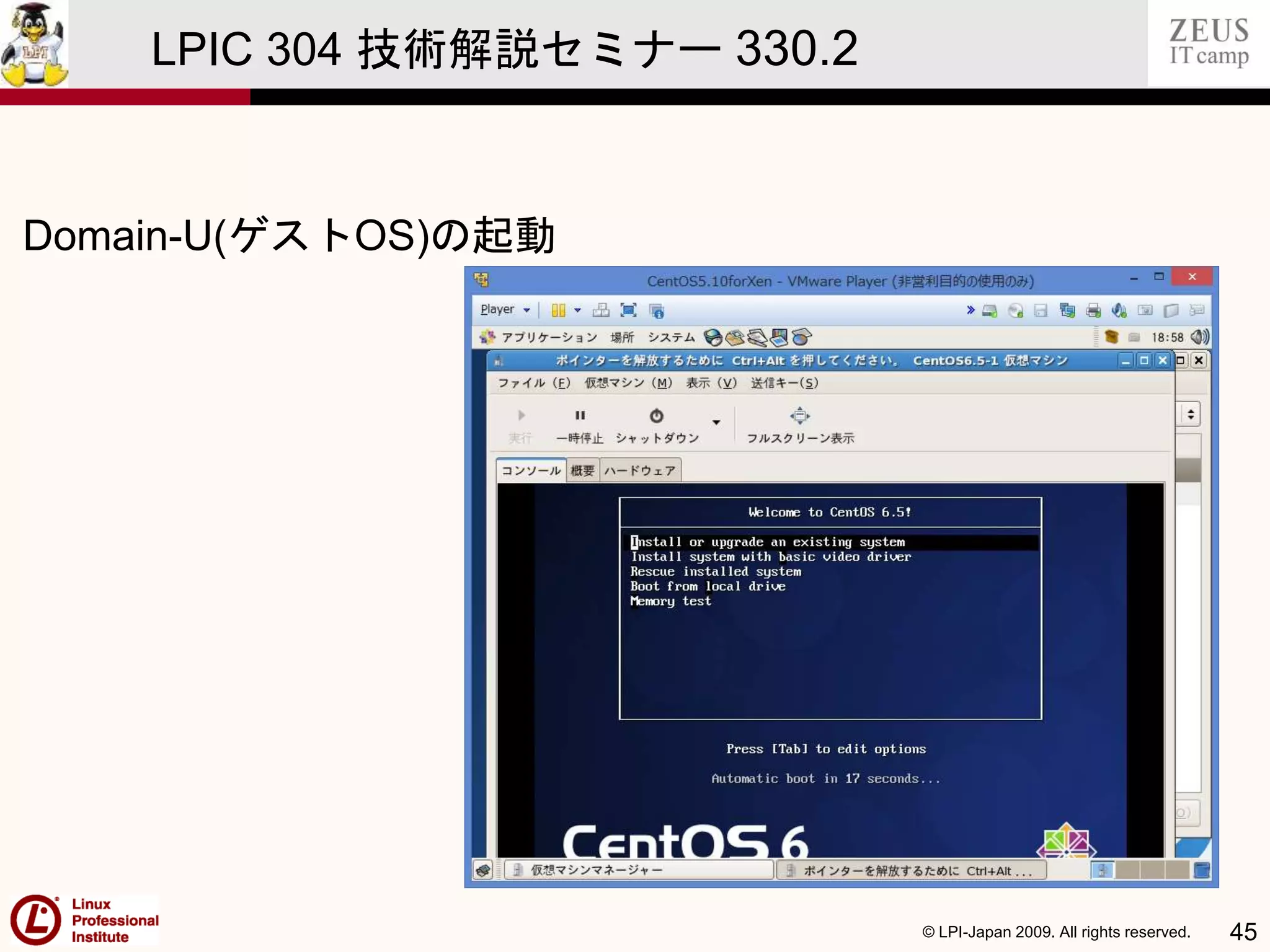 © LPI-Japan 2009. All rights reserved. 45
LPIC 304 技術解説セミナー 330.2
Domain-U(ゲストOS)の起動
 