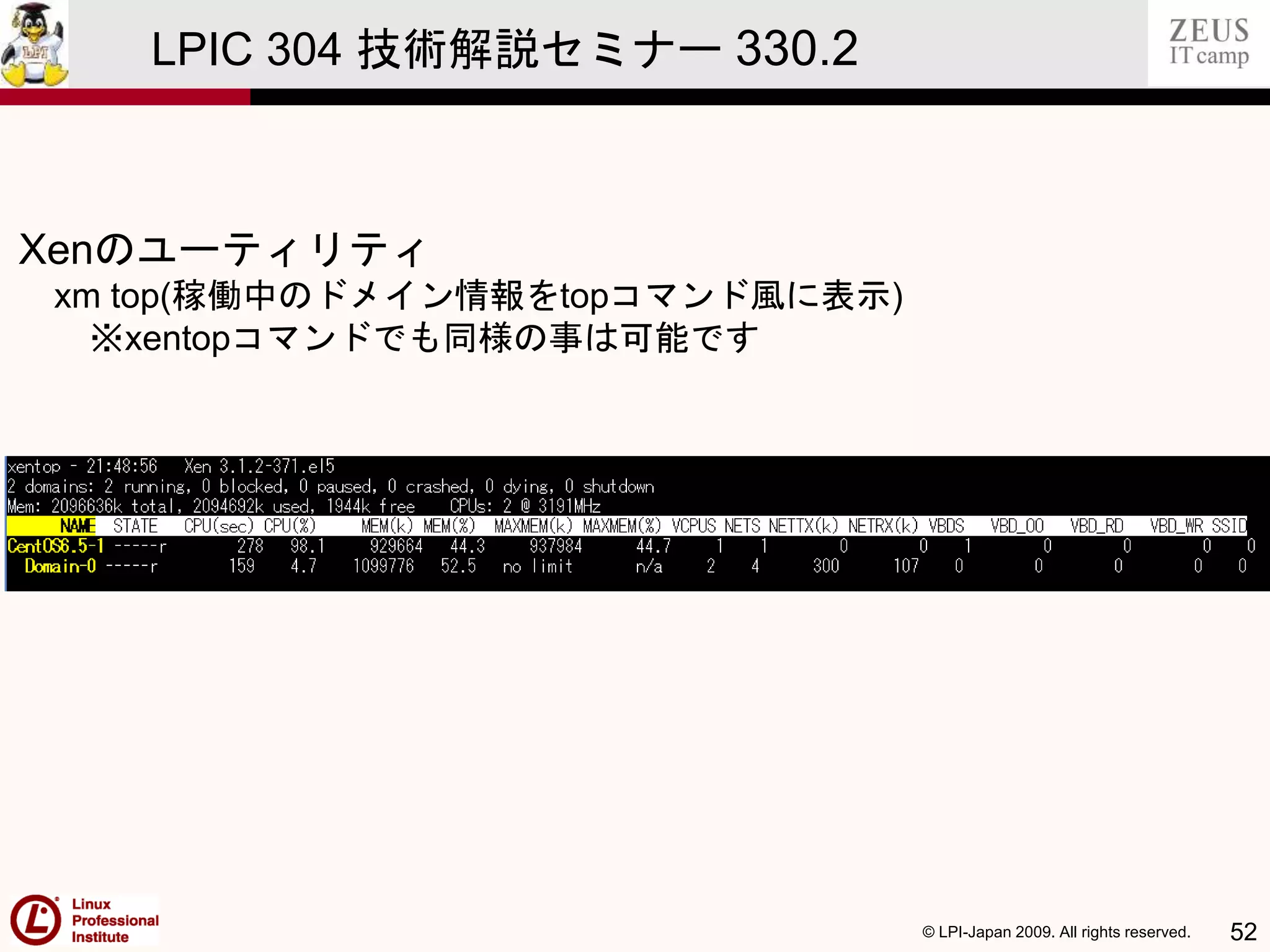 © LPI-Japan 2009. All rights reserved. 52
LPIC 304 技術解説セミナー 330.2
Xenのユーティリティ
xm top(稼働中のドメイン情報をtopコマンド風に表示)
※xentopコマンドでも同様の事は可能です
 