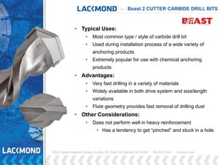 • Typical Uses:
• Most common type / style of carbide drill bit
• Used during installation process of a wide variety of
anchoring products
• Extremely popular for use with chemical anchoring
products
• Advantages:
• Very fast drilling in a variety of materials
• Widely available in both drive system and size/length
variations
• Flute geometry provides fast removal of drilling dust
• Other Considerations:
• Does not perform well in heavy reinforcement
• Has a tendency to get “pinched” and stuck in a hole
Beast 2 CUTTER CARBIDE DRILL BITS
 