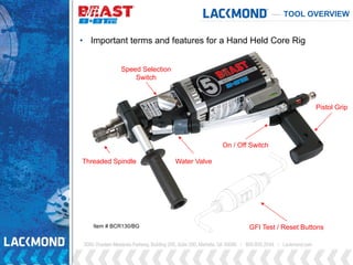 TOOL OVERVIEW
Speed Selection
Switch
On / Off Switch
GFI Test / Reset Buttons
Water ValveThreaded Spindle
• Important terms and features for a Hand Held Core Rig
Pistol Grip
Item # BCR130/BG
 
