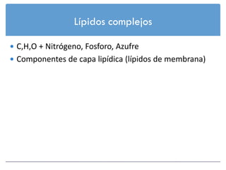 Lípidos complejos

 C,H,O + Nitrógeno, Fosforo, Azufre
 Componentes de capa lipídica (lípidos de membrana)
 