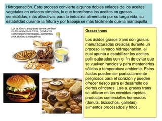 • En agua forman láminas superficiales, monocapas, bicapas,
micelas o liposomas
Propiedades de los ácidos grasos
Cabezas
polares
MICELAS
En la superficie externa
se sitúan las cabezas
polares interaccionando
con la fase acuosa.
Las colas apolares se
sitúan en el interior.
BICAPAS
Bicapa
Separan dos medios
acuosos.
Agua
Agua
En el laboratorio se
pueden obtener
liposomas que dejan en
el interior un
compartimento acuoso.
 