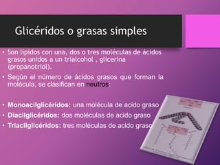 Glicéridos o grasas simples
• Son lípidos con una, dos o tres moléculas de ácidos
grasos unidos a un trialcohol , glicerina
(propanotriol).
• Según el número de ácidos grasos que forman la
molécula, se clasifican en neutros:
• Monoacilglicéridos: una molécula de acido graso
• Diacilglicéridos: dos moléculas de acido graso
• Triacilglicéridos: tres moléculas de acido graso

 