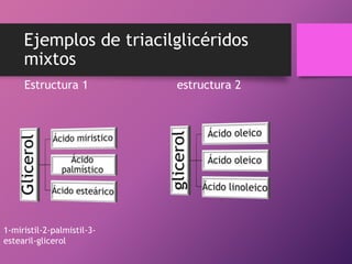 Ejemplos de triacilglicéridos
mixtos
Estructura 1

1-miristil-2-palmistil-3estearil-glicerol

estructura 2

 