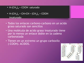 • H-(CH2)4 – COOH saturado
• H-(CH2)n – CH=CH – (CH2)n – COOH
insaturado

• Todos los enlaces carbono-carbono en un acido
graso saturado son sencillos
• Una molécula de acido graso insaturado tiene
por lo menos un enlace doble en la cadena
carbonatada
• Tienen en un extremo un grupo carboxilo
(-COOH). ACIDOS.

 