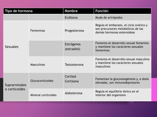 Tipo de hormona

Función

Ecdisona

Femeninas

Nombre

Muda de artrópodos

Progesterona

Estrógenos
(estradiol)

Sexuales

Masculinas

Testosterona

Glucocorticoides

Cortisol
Cortisona

Suprarrenales
o corticoides
Mineral corticoides

Aldosterona

Regula el embarazo, el ciclo ovárico y
son precursores metabólicos de las
demás hormonas esteroideas

Fomenta el desarrollo sexual femenino
y mantiene los caracteres sexuales
femeninos
Fomenta el desarrollo sexual masculino
y mantiene los caracteres sexuales
masculinos

Fomentan la gluconeogénesis y, a dosis
elevadas, son inmunodepresores
Regula el equilibrio iónico en el
interior del organismo

 