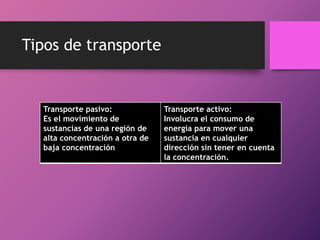 Tipos de transporte

Transporte pasivo:
Es el movimiento de
sustancias de una región de
alta concentración a otra de
baja concentración

Transporte activo:
Involucra el consumo de
energía para mover una
sustancia en cualquier
dirección sin tener en cuenta
la concentración.

 