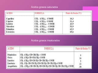 Ácidos grasos saturados

Ácidos grasos insaturados

 