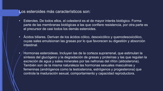 Los esteroides más característicos son: 
• Esteroles. De todos ellos, el colesterol es el de mayor interés biológico. Forma 
parte de las membranas biológicas a las que confiere resistencia, por otra parte es 
el precursor de casi todos los demás esteroides. 
• Ácidos biliares. Derivan de los ácidos cólico, desoxicólico y quenodesoxicólico, 
cuyas sales emulsionan las grasas por lo que favorecen su digestión y absorción 
intestinal. 
• Hormonas esteroideas. Incluyen las de la corteza suprarrenal, que estimulan la 
síntesis del glucógeno y la degradación de grasas y proteínas y las que regulan la 
excreción de agua y sales minerales por las nefronas del riñón (aldosterona). 
También son de la misma naturaleza las hormonas sexuales masculinas y 
femeninas (andrógenos como la testosterona, estrógenos y progesterona) que 
controla la maduración sexual, comportamiento y capacidad reproductora. 
 