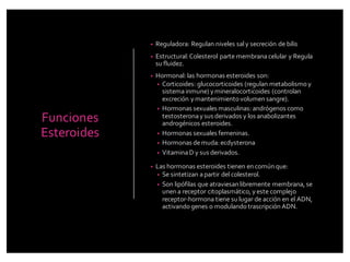 Funciones
Esteroides
• Reguladora: Regulan niveles saly secreción de bilis
• Estructural:Colesterol parte membranacelular y Regula
su fluidez.
• Hormonal: las hormonas esteroides son:
• Corticoides: glucocorticoides (regulan metabolismoy
sistemainmune) y mineralocorticoides (controlan
excreción y mantenimientovolumen sangre).
• Hormonas sexuales masculinas: andrógenos como
testosteronay sus derivados y los anabolizantes
androgénicos esteroides.
• Hormonas sexuales femeninas.
• Hormonas demuda: ecdysterona
• VitaminaD y sus derivados.
• Las hormonas esteroides tienen en común que:
• Se sintetizan apartir del colesterol.
• Son lipófilas que atraviesan libremente membrana, se
unen a receptor citoplasmático, y este complejo
receptor-hormona tiene su lugar de acción en el ADN,
activandogenes o modulandotrascripción ADN.
 