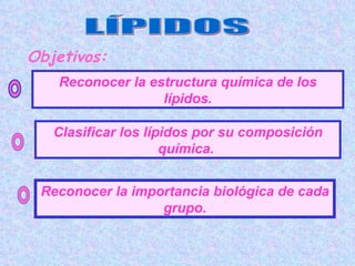 Objetivos: Reconocer la estructura química de los lípidos. Clasificar los lípidos por su composición química.  LÍPIDOS Reconocer la importancia biológica de cada grupo. 