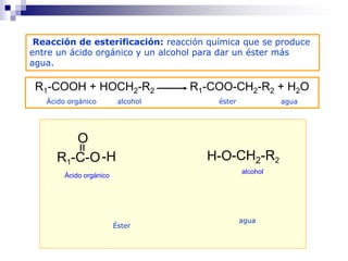 Reacción de esterificación: reacción química que se produce
entre un ácido orgánico y un alcohol para dar un éster más
agua.
R1-C-O
=
O
-H H-O
Éster
agua
-CH2-R2
R1-COOH + HOCH2-R2 R1-COO-CH2-R2 + H2O
Ácido orgánico alcohol éster agua
Ácido orgánico
alcohol
 