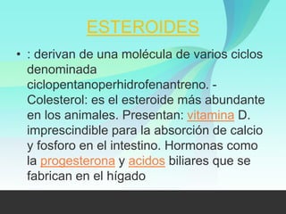 ESTEROIDES
• : derivan de una molécula de varios ciclos
  denominada
  ciclopentanoperhidrofenantreno. -
  Colesterol: es el esteroide más abundante
  en los animales. Presentan: vitamina D.
  imprescindible para la absorción de calcio
  y fosforo en el intestino. Hormonas como
  la progesterona y acidos biliares que se
  fabrican en el hígado
 
