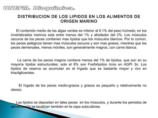 DISTRIBUCION DE LOS LIPIDOS EN LOS ALIMENTOS DE ORIGEN MARINO El contenido medio de las algas verdes es inferior al 0.1% del peso húmedo; en los invertebrados marinos esta entre menos del 1% y alrededor del 2%. Los músculos oscuros de los peces contienen mas lípidos que los músculos blancos. Por lo común, los peces pelágicos tienen mas músculos oscuros y son mas grasos, mientras que los peces demersales, menos móviles, son generalmente magros, con carne blanca. La carne de los peces magros contiene menos del 1% de lípidos, que son en su mayoría lípidos estructurales; solo el 8% son Fosfolípidos ricos en AGPI 3n. Los lípidos de reserva se acumulan en el hígado que es bastante mayor y rico en triacilgliceroles. El hígado de los peces medio-grasos y grasos es pequeño y relativamente no oleoso. Los lípidos se depositan en tales peces  en los músculos, y durante los periodos de alimentación se localizan también en la capa subcutánea. UNEFM. Bioquímica. 