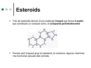 Esteroids <ul><li>Tots els esteroids deriven d’una molècula  l’isopré  que forma  4 anells  i que constitueix un compost c...