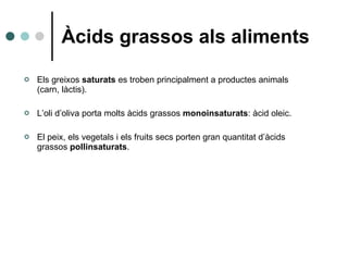 Àcids grassos als aliments <ul><li>Els greixos  saturats  es troben principalment a productes animals (carn, làctis).  </l...