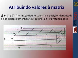 Atribuindo valores à matriz
y[ 0 ][ 3 ][ 1 ] = 12; //atribui o valor 12 à posição identificada
pelos índices 0 (1ª linha), 3 (4ª coluna) e 1 (2ª profundidade)

 
