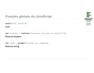 Funções globais do JavaScript
alert(“Olá, mundo!”);
void
var resposta = confirm(“Confirmar exclusão do registro?”);
Retorna boolean
var idade = prompt(“Informe sua idade:”);
Retorna string
 