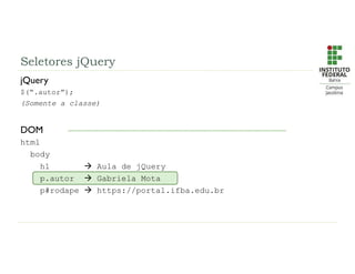 Seletores jQuery
jQuery
$(“.autor”);
(Somente a classe)
DOM
html
body
h1  Aula de jQuery
p.autor  Gabriela Mota
p#rodape  https://portal.ifba.edu.br
 