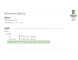 Seletores jQuery
jQuery
$(“p#rodape”);
(Elemento + # + Id)
DOM
html
body
h1  Aula de jQuery
p.autor  Gabriela Mota
p#rodape  https://portal.ifba.edu.br
 