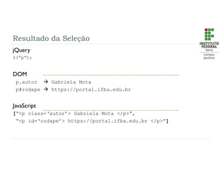 Resultado da Seleção
jQuery
$(“p”);
DOM
p.autor  Gabriela Mota
p#rodape  https://portal.ifba.edu.br
JavaScript
[“<p class=‘autor’> Gabriela Mota </p>”,
“<p id=‘rodape’> https://portal.ifba.edu.br </p>”]
 