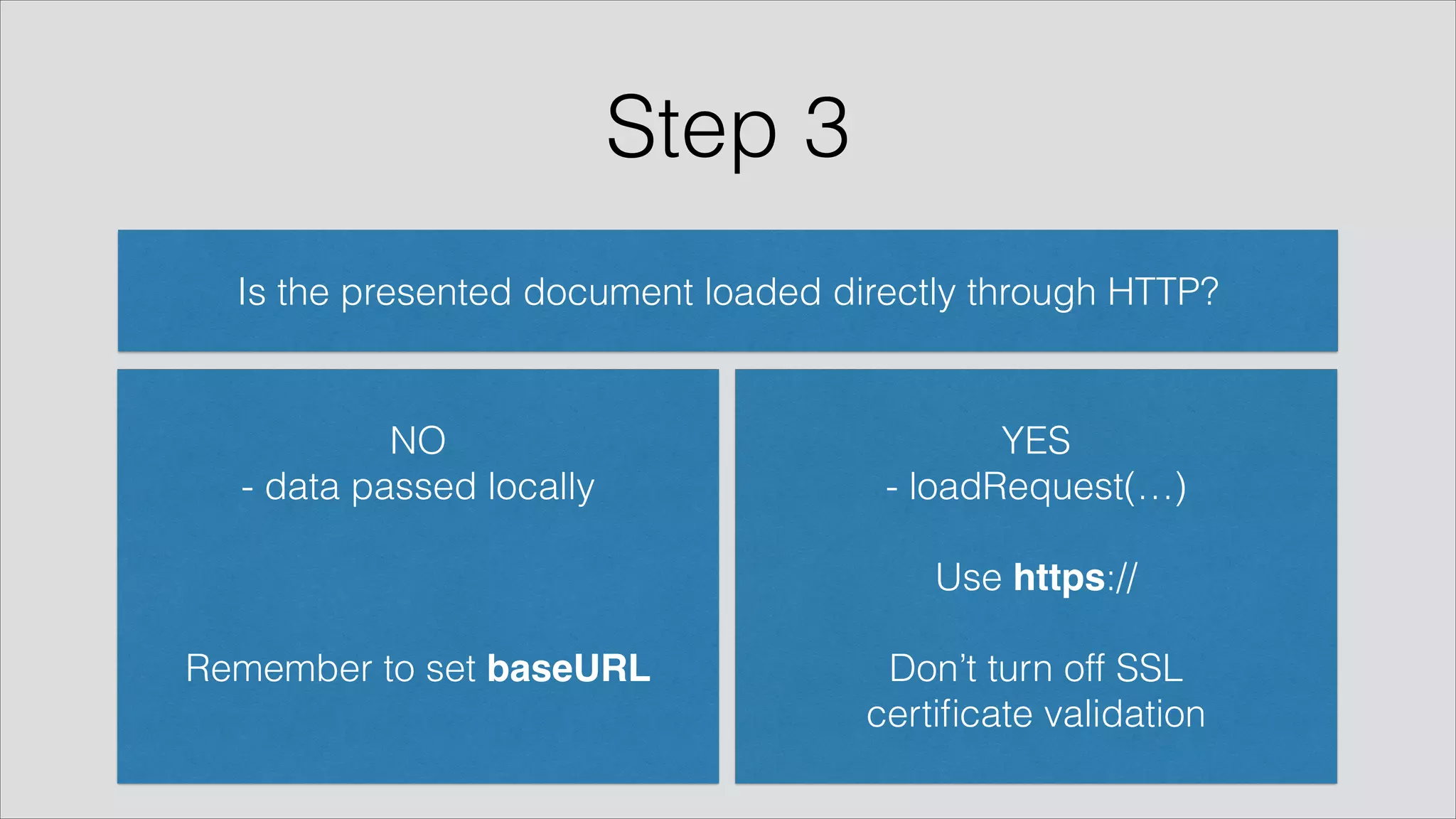 Step 3
Is the presented document loaded directly through HTTP?
YES
- loadRequest(…)
!
Use https://
!
Don’t turn off SSL 
certiﬁcate validation
NO
- data passed locally 
!
!
!
Remember to set baseURL"
 