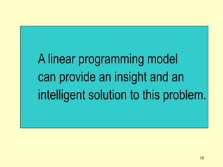 10
A linear programming model
can provide an insight and an
intelligent solution to this problem.
 