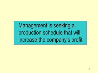 9
Management is seeking a
production schedule that will
increase the company’s profit.
 