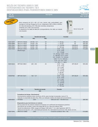 No. de	 Descripción	 Precio Lista
	 Depósito		 Unit. - Col. $(*)
Siemens S.A. - Colombia
4/25
Ene. 1/2014
(*) El Precio Lista no incluye IVA vigente - Precios sujetos a cambio sin previo aviso
RELÉS DE TIEMPO SIRIUS 3RP
CONTADORES DE TIEMPO 7KT
DISPARADORES PARA TERMISTORES SIRIUS 3RN
Serie compacta de 22.5 x 82 x 91 mm. (ancho, alto, profundidad), para
montaje en riel tipo Omega de 35 mm. Aislamiento 250 V, IP40, Ie (ACI5)=
3A. Vida útil mecánica: 30 x 106 ciclos maniobra, temperatura
ambiente -25 a +60 ºC (en servicio).
La siguiente es la tabla de selección correspondiente a los relés con retardo
a la conexión:
Tipo Tensión de mando Función
VAC VDC
100015899 3RP1574-1NQ30 24/100 - 127 24 1 - 20 seg. YD 390.300
100015898 3RP1574-1NP30 24/200 - 240 24 1 - 20 seg. YD 390.300
100015964 3RP1512-1AP30 24/200 - 240 24 1.5 - 30 seg. ON DELAY 208.800
100015966 3RP1513-1AP30 24/200 - 240 24 5 - 100 seg. ON DELAY 208.800
100015968 3RP1525-1AP30
(Multirrango)
24/200 - 240 24 0.05 - 1 seg.
0.15 - 3 seg.
0.5 - 10 seg.
1.5 - 30 seg. / 0.05 - 1 min.
5 - 100 seg. / 0.15 - 3 min.
0.5 - 10 min. / 1.5 - 30 min.
0.05 - 1 h. / 5 - 100 min.
0.15 - 3 h. / 0.5 - 10 h.
1.5 - 30 h- / 1 - 100 h.
ON DELAY 416.000
100016026 3RP1540-1BN31 200 - 240 24 0.05 - 1 seg.
0.15 - 3 seg.
0.3 - 6 seg.
0.5 - 10 seg.
1.5 - 30 seg.
3 - 60 seg.
5 - 100 seg.
OFF DELAY 495.400
100087860 3RP1540-1BJ31 100 - 127 0.05 - 1 seg.
0.15 - 3 seg.
0.3 - 6 seg.
0.5 - 10 seg.
1.5 - 30 seg.
3 - 60 seg.
5 - 100 seg.
OFF DELAY 495.400
Tipo Tensión de mando Función
VAC
Contadores de tiempo (Horómetros)
Accionamiento mediante motor sincrónico, 60 Hz, para montaje incorporado, marco A 72,
indicador no reversible de siete cifras. IP20, con indicador rotativo de estado de funcionamiento.
100042803 7KT5604 230V Selección de 0 - 100.000 horas 289.300
Disparadores para termistores en motores
Para la protección de motores mediante termistores con coeficiente de temperatura positivos.
Para fijación por tornillos y sobre riel omega DIN 35 mm. Ejecución abierta, IP20.
Tensión de aislamiento: 300V, margen de trabajo: 0.85 hasta 1.1 Uc, valor reposición: NAT 5°C,
tolerancia de reacción: ± 6°C, intensidad permanente: 5A, intensidad de servicio le: 3.0A. Ancho: 22 mm.
100015946 3RN1010-1CM00 230V Contactos auxiliares 1NA + 1NC 616.800
		
Relé de Tiempo 3RP
Garantía
1 año
 