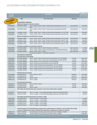 No. de	 Descripción	 Precio Lista
	 Depósito		 Unit. - Col. $(*)
Siemens S.A. - Colombia
4/33
Ene. 1/2014
(*) El Precio Lista no incluye IVA vigente - Precios sujetos a cambio sin previo aviso
ACCESORIOS PARA INTERRUPTORES SENTRON 3VL
Tipo Para interruptor Montaje
Accesorios internos
Bobina de disparo de mínima tensión:					
100020887 3VL9400-1UG00 3VL17, 3VL27, 3VL37, 3VL47 Tensión de funcionamiento 110-127
VAC
Lado derecho 362.000
100020888 3VL9400-1UH00 3VL17, 3VL27, 3VL37, 3VL47 Tensión de funcionamiento 220-250
VAC
Lado derecho 362.000
100020844 3VL9800-1UG00 3VL57, 3VL67, 3VL77, 3VL87 Tensión de funcionamiento 110-127 VAC Lado derecho 400.000
100020845 3VL9800-1UH00 3VL57, 3VL67, 3VL77, 3VL87 Tensión de funcionamiento 220-250 VAC Lado derecho 400.000
Bobina de disparo por emisión de corriente:
100020885 3VL9400-1SR00 3VL17, 3VL27, 3VL37, 3VL47 Tensión de funcionamiento 110-127 VAC Lado derecho 244.000
100020886 3VL9400-1ST00 3VL17, 3VL27, 3VL37, 3VL47 Tensión de funcionamiento 208-277 VAC Lado derecho 244.000
100020842 3VL9800-1SR00 3VL57, 3VL67, 3VL77, 3VL87 Tensión de funcionamiento 110-127 VAC Lado derecho 420.000
100020843 3VL9800-1ST00 3VL57, 3VL67, 3VL77, 3VL87 Tensión de funcionamiento 208-277 VAC Lado derecho 420.000
Contactos auxiliares y contactos de alarma
100020898 3VL9400-2AB00 3VL17, 3VL27, 3VL37, 3VL47 (Contactos auxiliares) Lado izquierdo 116.000
100020899 3VL9400-2AD00 3VL17, 3VL27, 3VL37, 3VL47 (Contactos aux + Contacto de alarma) Lado izquierdo 116.000
100020894 3VL9800-2AE00 3VL57, 3VL67, 3VL77, 3VL87
(Contactos auxiliares + Contactos de alarma)
Lado izquierdo 189.000
Accesorios externos
Accionamiento motorizado:					
100020863 3VL9300-3MN00 3VL17, 3VL27, 3VL37 Tensión de funcionamiento 110-127 VAC/DC Frontal 1.566.100
100020864 3VL9300-3MQ00 3VL17, 3VL27, 3VL37 Tensión de funcionamiento 220-250 VAC/DC Frontal 1.566.100
100021055 3VL9400-3MN00 3VL47 Tensión de funcionamiento 110-127 VAC/DC Frontal 1.957.600
100020453 3VL9400-3MQ00 3VL47 Tensión de funcionamiento 220-250 VAC/DC Frontal 1.957.600
100020825 3VL9600-3MN00 3VL57, 3VL67 Tensión de funcionamiento 110-127 VAC/DC Frontal 2.936.100
100020826 3VL9600-3MQ00 3VL57, 3VL67 Tensión de funcionamiento 220-250 VAC/DC Frontal 2.936.100
100020785 3VL9800-3MN00 3VL77, 3VL87 Tensión de funcionamiento 110-127 VAC/DC Frontal 4.270.900
100020786 3VL9800-3MQ00 3VL77, 3VL87 Tensión de funcionamiento 220-250 VAC/DC Frontal 4.270.900
Enclavamiento mecánico					
100020880 3VL9300-8LC00 3VL17, 3VL27, 3VL37 Posterior 952.000
100027210 3VL9400-8LC00 3VL47 Posterior 1.514.100
100027240 3VL9600-8LC00 3VL57, 3VL67 Posterior 1.898.500
100042274 3VL9800-8LC00 3VL77, 3VL87 Posterior 2.570.600
Accionamiento giratorio					
100020975 3VL9300-3HF05 3VL17, 3VL27, 3VL37 Frontal 283.200
100020974 3VL9400-3HF05 3VL47 Frontal 454.600
100020976 3VL9600-3HF05 3VL57, 3VL67 Frontal 463.200
Terminales de alimentación para conexión a barra (Con perforación roscada)				
	
100020971 3VL9116-4TA30 3VL17 (1 juego = 3 terminales) Reemplaza referencia 3VL9100-4TA30 40.500
100020972 3VL9216-4TA30 3VL27 (1 juego = 3 terminales) Reemplaza referencia 3VL9200-4TA30 40.500
Terminales de alimentación para conexión a cable					
100029040 3VL9300-4TD30 3VL37 (1 juego = 3 terminales) 42.400
100020806 3VL9400-4TD30 3VL47 (1 juego = 3 terminales) 194.900
100020816 3VL9500-4TG30 3VL57 (1 juego = 3 terminales) 278.800
100020831 3VL9600-4TG30 3VL67 (1 juego = 3 terminales) 408.700
100020840 3VL9700-4TG30 3VL77 (1 juego = 3 terminales) 512.100
Transformadores de Intensidad para protección de sobrecargas en el Neutro y para protección de falla
a tierra en sistemas de 3 Fases y Neutro (No requerido en sistemas de 3 fases sin neutro)
100059677 3VL9712-8TC00 Transformador de neutro para interruptor 3VL77 (1000A y 1250A) 1.179.100
100059676 3VL9816-8TC00 Transformador de neutro para interruptor 3VL87 (1600A) 2.358.300
Garantía
1 año
 