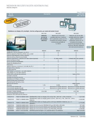 No. de	 Descripción	 Precio Lista
	 Depósito		 Unit. - Col. $(*)
Siemens S.A. - Colombia
4/67
Ene. 1/2014
(*) El Precio Lista no incluye IVA vigente - Precios sujetos a cambio sin previo aviso
	 No. de	 Descripción	 Precio Lista
	 Depósito		 Unit. - Col. $(*)
MEDIDOR MULTIFUNCIÓN SENTRON PAC
¡Fácil de configurar!
100029143 7KM3133-0BA00-3AA0 SENTRON PAC 3100 con Display LCD control 100…240 V AC ±10% a 45-60 Hz 1.627.500
100020165 7KM2112-0BA00-3AA0
SENTRON PAC 3200 con Display grafico LCD 95…240 V AC y 140…340 V DC ±10% a
50/60 Hz
2.520.000
100020170 7KM4212-0BA00-3AA0
SENTRON PAC 4200 con Display grafico LCD hasta 400/690 V 50/60 Hz, Ue = 3 ~
690/400 V
5.775.000
100020166 7KM9300-0AB00-0AA0 Módulo de Comunicación PROFIBUS DP para PAC3200 y PAC4200 877.000
100020167 7KM9300-0AM00-0AA0 Módulo de Comunicación Modbus para PAC3200 y PAC4200 877.000
100185251 7KM9300-0AE00-0AA0 Módulo de Comunicación Profinet para PAC3200 y PAC4200 2.100.000
100200688 3ZS2711-0CC30-0YA0 SENTRON powermanager V 3.0, paquete básico 10 medidores Bajo Consulta
Medidores con display LCD y backlight , facil de configuración, por medio del teclado frontal			
Medición
de más de
30 variables
eléctricas
Medición de más de 50
variables eléctricas, medición
de 4 cuadrantes cuenta con 10
contadores de energía, periodo
de demanda ajustable de
1a 60min
Medición de más de 300
variables eléctricas, display
gráfico medición de 4
cuadrantes cuenta con 10
contadores de energía,
Consumo de energía por día y
tarifa por 366 días, grabación
de la demanda de potencia
Voltaje de Medición Ue 480VAC 690VAC 690VAC
Voltaje VF-F; VF-N, Corriente I1, I2, I3, In si si si
Potencia Aparente, Reactiva y Activa a,b,c y total si si si
Potencia Total Aparente, activa y reactiva si si si
Potencia Activa y Reactiva acumulada si si
Potencia Total Activa y reactiva con valor sobre el periodo Si, Valor medio Si Medio Raiz del cuadrado
Factor de Potencia Total si si si
Factor de Potencia PFa/PFb/PFc si si
Angulo de desplazamiento si
Frecuencia si si si
Valores máximos y mínimos V, I ,W, VAR, VA, PF, f si si
Energía activa y reactiva si si si
Energía aparente si si
THD voltaje F y corriente L con valor máximo si si
THD voltaje F-F y F-N valor máximo si
Gráfico del contenido de armónicos hasta el 31st
Contador universal 1 2
Contador de horas de servicio si si
Desbalance de Voltaje y Corriente si si
Valores límites para monitoreos 12
Parametrización de fecha y hora si
Memoria de eventos 4096 eventos
Accuracy 1-2% 0,50% 0,20%
Comunicación Profibus DP Opcional con módulo adicional Opcional con módulo adicional
Comunicación Modbus RS 485 si Opcional con módulo adicional Opcional con módulo adicional
Comunicación Ethernet MODBUS TCP si si
Entradas y salidas digitales 2 DI, 2DO 2 DI, 2DO 4 DI, 2DO
Función de gateways a ethernet si
Grabación de la demanda de potencia si
PAC3100 PAC3200 PAC4200
Garantía
1 año
Opciones de comunicación
Ethernet
, MODBUS TCP,
PROFIBUS DP, PROFINET
 