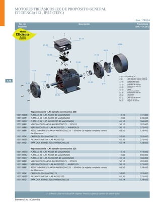 Ene. 1/2014
Siemens S.A. - Colombia
1/8
(*) El Precio Lista no incluye IVA vigente - Precios sujetos a cambio sin previo aviso
3.10 / 4.10 Anillo en “V”
3.60 Tapa balinera interior, lado BS
4.60 Tapa balinera interior, lado AS
11.00 Platillo lado AS/B5
11.10 Platillo lado AS/B3
13.19 Arandela de presión
13.30 Rodamiento lado AS
31.00 Carcasa
31.70 Patas
41.10 Platillo lado BS/B3
41.30 Rodamiento lado BS
50.10 Ventilador
52.00 Caperuza
61.14 Tapa caja de bornes
61.30 Caja de bornes
66.50 Regleta de bornes
4.10
11.10
13.19
13.30
31.70
61.30
66.50
31.00
3.60
41.30
41.10
3.10
50.10
52.00
61.14
3.10 / 4.10 Anillo en “V”
3.60 Tapa balinera interior, lado BS
4.60 Tapa balinera interior, lado AS
11.00 Platillo lado AS/B5
11.10 Platillo lado AS/B3
13.19 Arandela de presión
13.30 Rodamiento lado AS
31.00 Carcasa
31.70 Patas
41.10 Platillo lado BS/B3
41.30 Rodamiento lado BS
50.10 Ventilador
52.00 Caperuza
61.14 Tapa caja de bornes
61.30 Caja de bornes
66.50 Regleta de bornes
4.10
11.10
13.19
13.30
31.70
61.30
66.50
31.00
3.60
41.30
41.10
3.10
50.10
52.00
61.14
	 No. de	 Descripción	 Precio Lista
	 Depósito		 Unit. - Col. $(*)
Motores trifásicos IEC de propósito general
eficiencia IE1, IP55 (TEFC)
Repuestos serie 1LA5 tamaño constructivo 225
100139550 PLATILLO AS 1LA5 AH225 B3 MAQUINADO 11.10 419.000
100139152 PLATILLO AS 1LA5 AH225 B5 MAQUINADO 11.00 696.000
100139207 PLATILLO BS 1LA5 AH200/225 B3 MAQUINADO 41.10 366.000
100138861 VENTILADOR 1LA4/5/6 AH180/200/225 - 2POLOS 50.10 202.000
100138863 VENTILADOR 1LA5/1LA6 AH200/225 - 4/6/8POLOS 50.10 275.000
100138881 REGLETA BORNES 1LA4/5/6 AH180/200/225 - 50/60Hz La regleta completa consta
de 4 borneras
66.50 128.000
100139241 CAPERUZA 1LA5 AH200/225 52.00 203.000
100139155 PIEZA INTERMEDIA 1LA5 AH200/225 61.30 275.000
100139121 TAPA CAJA BORNES 1LA5 AH180/200/225 61.14 128.000
Repuestos serie 1LA5 tamaño constructivo 200
100139208 PLATILLO AS 1LA5 AH200 B3 MAQUINADO 11.10 331.000
100139151 PLATILLO AS 1LA5 AH200 B5 MAQUINADO 11.00 639.000
100139207 PLATILLO BS 1LA5 AH200/225 B3 MAQUINADO 41.10 366.000
100138861 VENTILADOR 1LA4/5/6 AH180/200/225 - 2POLOS 50.10 202.000
100138863 VENTILADOR 1LA5/1LA6 AH200/225 - 4/6/8POLOS 50.10 275.000
100138881 REGLETA BORNES 1LA4/5/6 AH180/200/225 - 50/60Hz La regleta completa consta
de 4 borneras
66.50 128.000
100139241 CAPERUZA 1LA5 AH200/225 52.00 203.000
100139155 PIEZA INTERMEDIA 1LA5 AH200/225 61.30 275.000
100139121 TAPA CAJA BORNES 1LA5 AH180/200/225 61.14 128.000
 