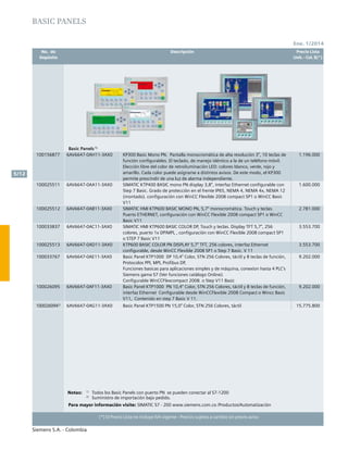 Siemens S.A. - Colombia
	 No. de	 Descripción	 Precio Lista
	 Depósito		 Unit. - Col. $(*)
Ene. 1/2014
5/12
(*) El Precio Lista no incluye IVA vigente - Precios sujetos a cambio sin previo aviso
Para mayor información visite: SIMATIC S7 - 200 www.siemens.com.co /Productos/Automatización
Basic Panels1)
100156877 6AV6647-0AH11-3AX0 KP300 Basic Mono PN. Pantalla monocromática de alta resolución 3”, 10 teclas de
función configurables. El teclado, de manejo idéntico a la de un teléfono móvil.
Elección libre del color de retroiluminación LED: colores blanco, verde, rojo y
amarillo. Cada color puede asignarse a distintos avisos. De este modo, el KP300
permite prescindir de una luz de alarma independiente.
1.196.000
100025511 6AV6647-0AA11-3AX0 SIMATIC KTP400 BASIC mono PN display 3,8”, interfaz Ethernet configurable con
Step 7 Basic. Grado de protección en el frente IP65, NEMA 4, NEMA 4x, NEMA 12
(montado). configuración con WinCC Flexible 2008 compact SP1 o WinCC Basic
V11
1.600.000
100025512 6AV6647-0AB11-3AX0 SIMATIC HMI KTP600 BASIC MONO PN, 5,7” monocromática. Touch y teclas.
Puerto ETHERNET, configuración con WinCC Flexible 2008 compact SP1 o WinCC
Basic V11
2.781.000
100033837 6AV6647-0AC11-3AX0 SIMATIC HMI KTP600 BASIC COLOR DP, Touch y teclas. Display TFT 5,7”, 256
colores, puerto 1x DP/MPI, , configuración con WinCC Flexible 2008 compact SP1
o STEP 7 Basic V11
3.553.700
100025513 6AV6647-0AD11-3AX0 KTP600 BASIC COLOR PN DISPLAY 5,7” TFT, 256 colores, interfaz Ethernet
configurable, desde WinCC Flexible 2008 SP1 o Step 7 Basic. V 11
3.553.700
100033767 6AV6647-0AE11-3AX0 Basic Panel KTP1000 DP 10,4” Color, STN 256 Colores, táctil y 8 teclas de función,
Protocolos PPI, MPI, Profibus DP,
Funciones basicas para aplicaciones simples y de máquina, conexíon hasta 4 PLC’s
Siemens gama S7 (Ver funciones catálogo Online).
Configurable WinCCFlexcompact 2008. o Step V11 Basic
9.202.000
100026095 6AV6647-0AF11-3AX0 Basic Panel KTP1000 PN 10,4” Color, STN 256 Colores, táctil y 8 teclas de función,
interfaz Ethernet Configurable desde WinCCFlexible 2008 Compact o Wincc Basic
V11, Contenido en step 7 Basic V 11.
9.202.000
1000260942)
6AV6647-0AG11-3AX0 Basic Panel KTP1500 PN 15,0” Color, STN 256 Colores, táctil 15.775.800
BASIC PANELS
Notas:	 1)
	 Todos los Basic Panels con puerto PN se pueden conectar al S7-1200
	2)
	 Suministro de importación bajo pedido.
 